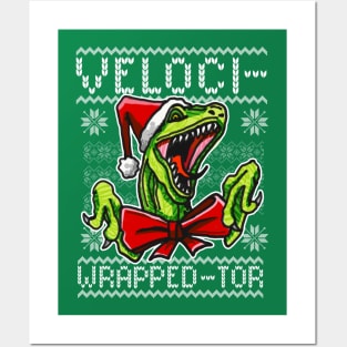 Funny Velociraptor Dinosaur Themed Ugly Christmas Sweater Posters and Art